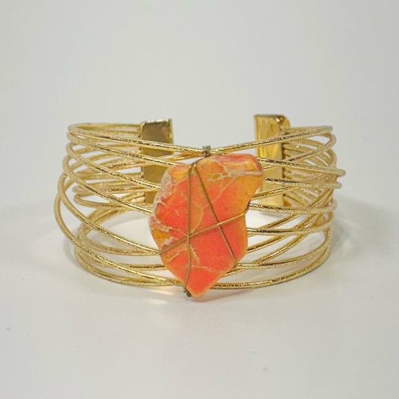 Jewelry - Wire-Wrapped Gold Tone Cuff Bracelet w/Faux Jasper Stone Boho Artisan